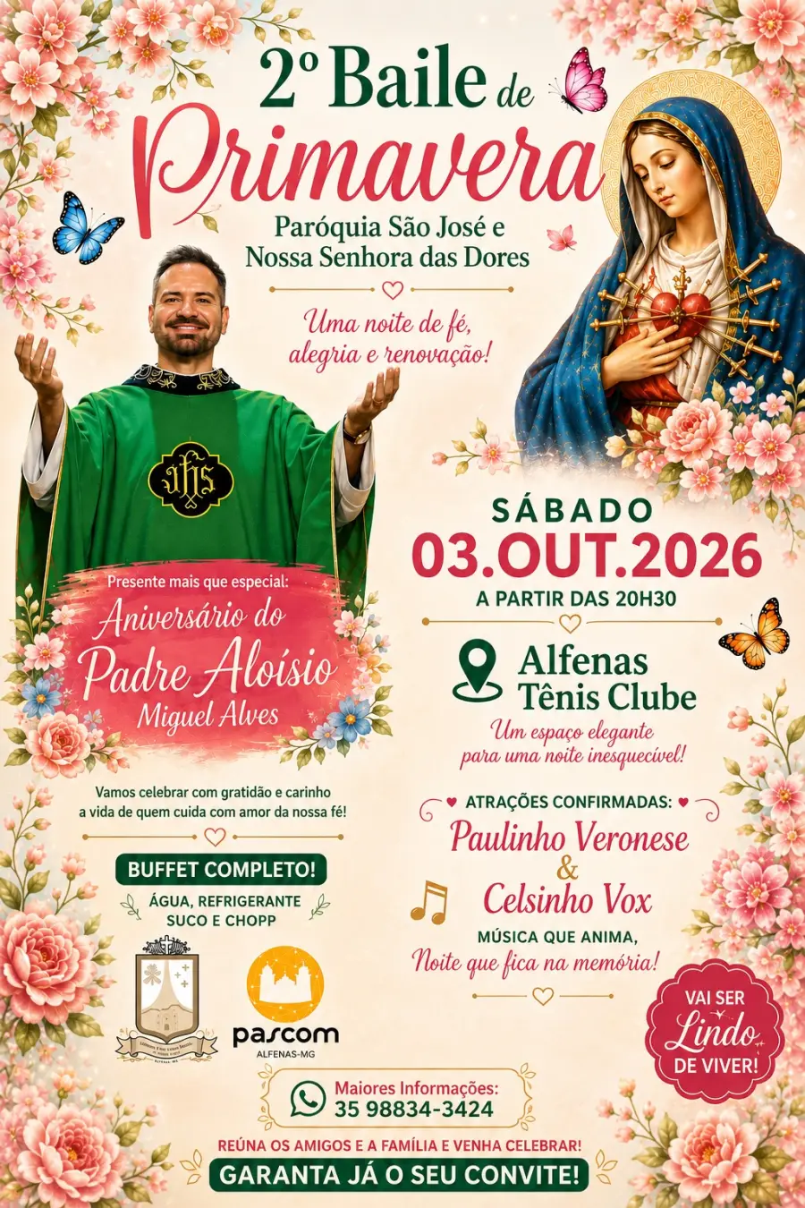 Cartaz do 2º Baile de Primavera: sábado, 3 de outubro de 2026, a partir das 20h30, no Alfenas Tênis Clube, em Alfenas/MG.